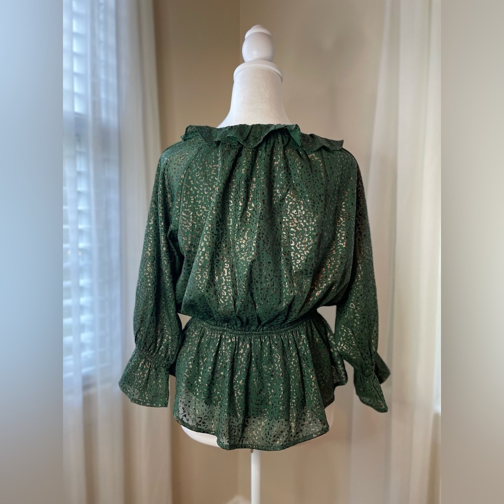 ENTRO Shimmer Leopard Print V-Neck Peplum Top Green Gold Artsy Quirky Size S NWT - Picture 8 of 12
